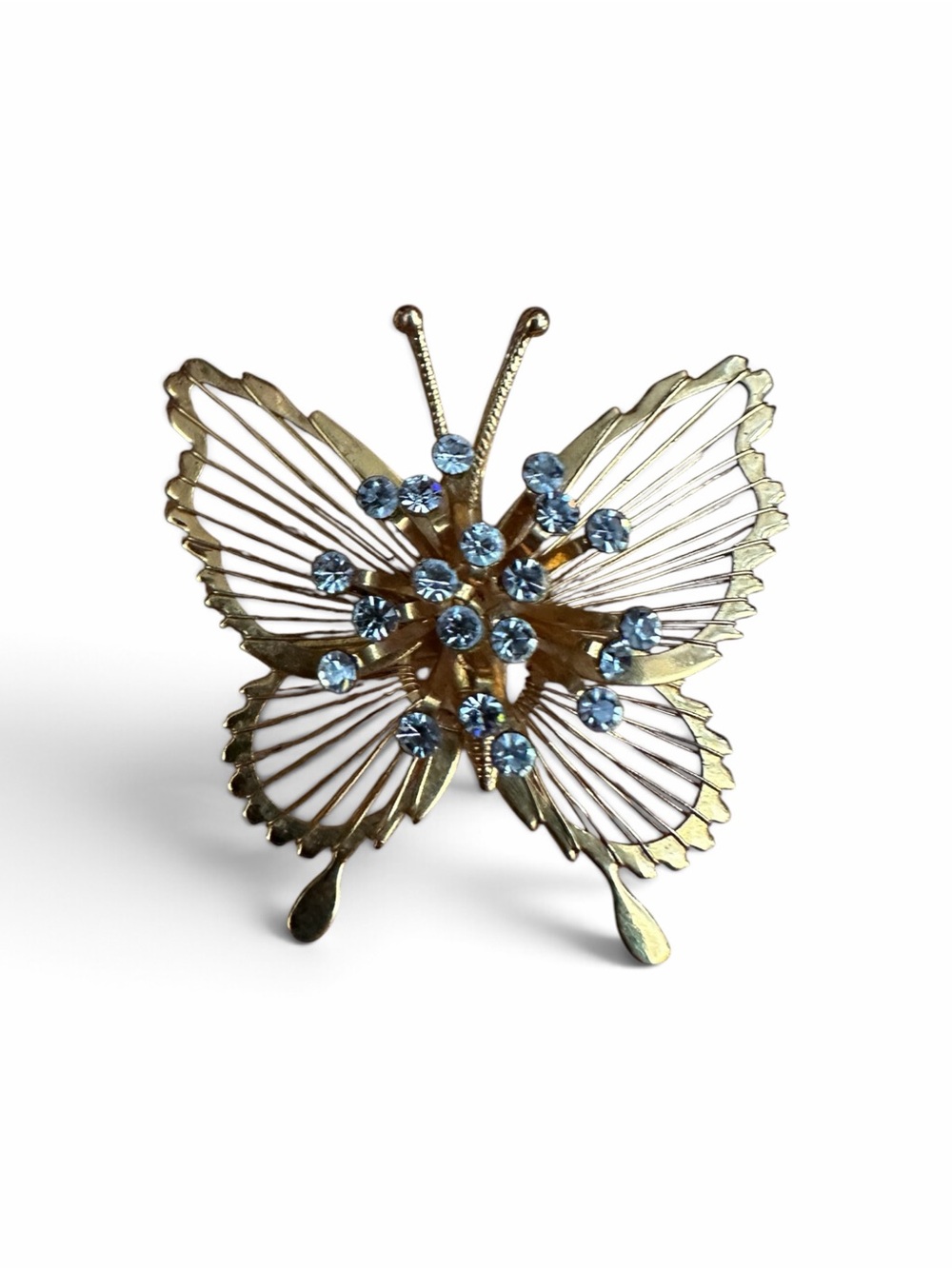 Vintage Monet Gold Tone Rhinestone Wirework Butterfly Brooch